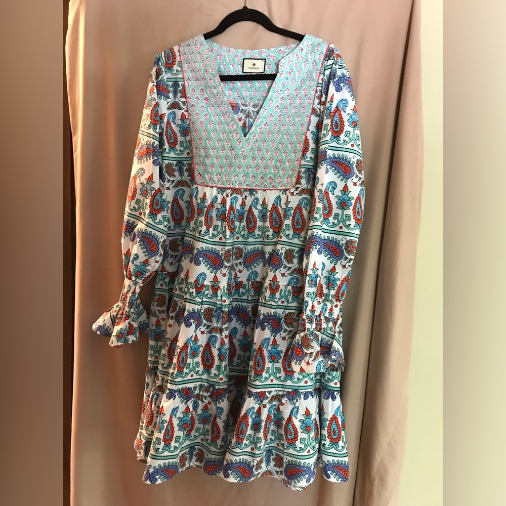 Tuckernuck White Midi Dress with Teal & Orange Paisley Print